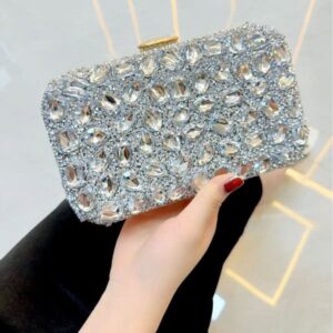 Square Shape full diamond shiny Party Clutch Silver Color